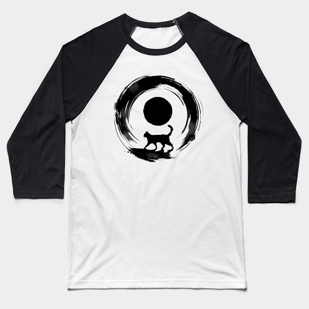 Sumie Enso Circle Japanese Brushstroke Black Cat Baseball T-Shirt by TomFrontierArt